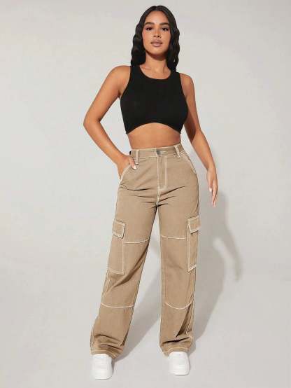 High Rise Flap Pocket Cargo Jeans-Waves And Trunks