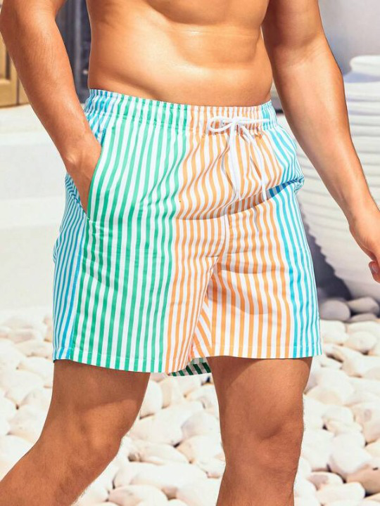 Striped Print Drawstring Beach Shorts-Waves And Trunks