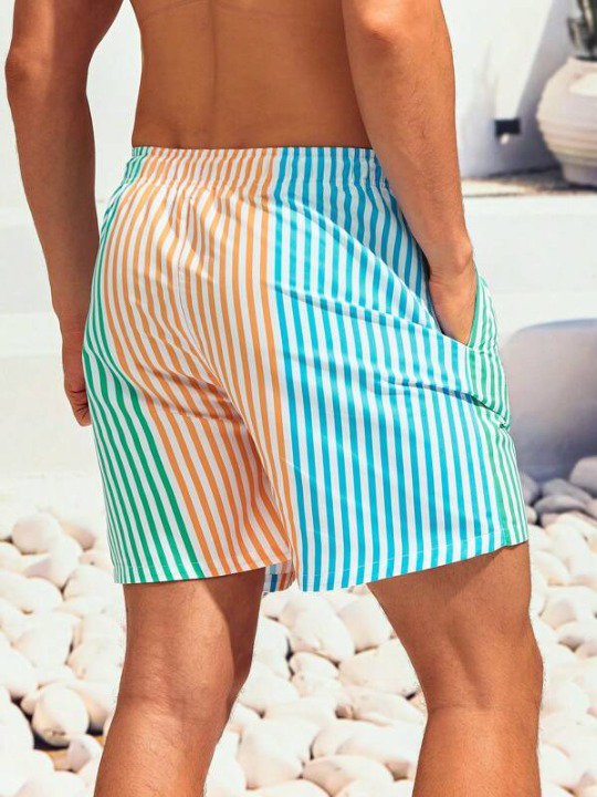 Striped Print Drawstring Beach Shorts-Waves And Trunks