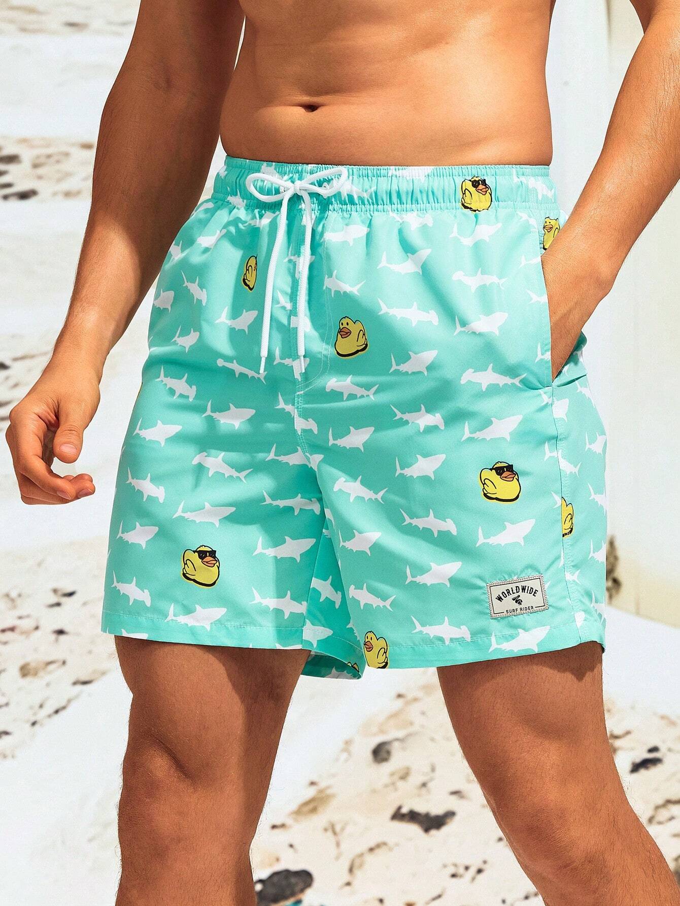 Cartoon Duck Print Swim Shorts-Waves And Trunks
