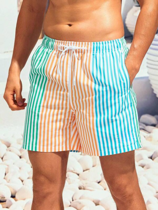 Striped Print Drawstring Beach Shorts-Waves And Trunks
