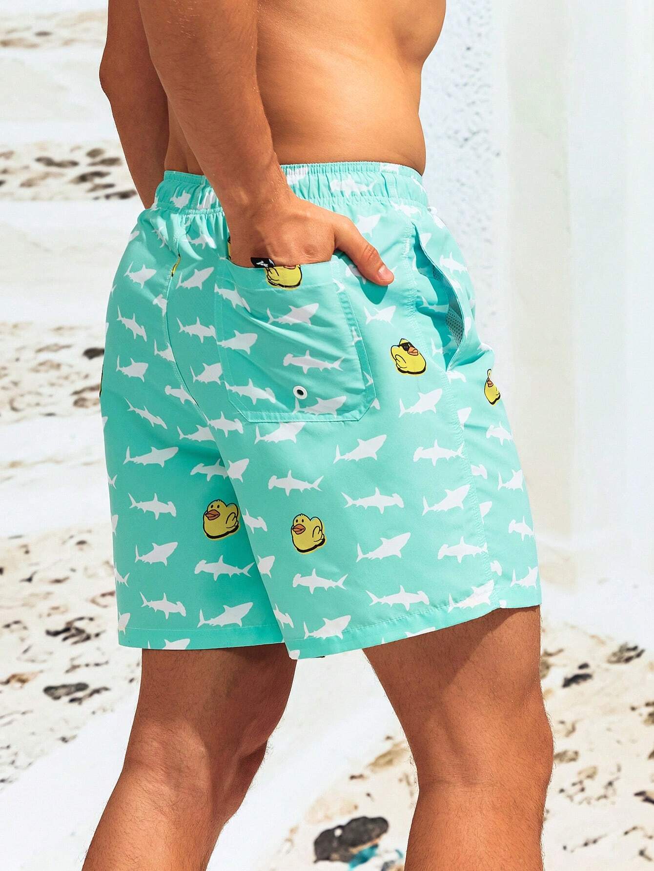 Cartoon Duck Print Swim Shorts-Waves And Trunks