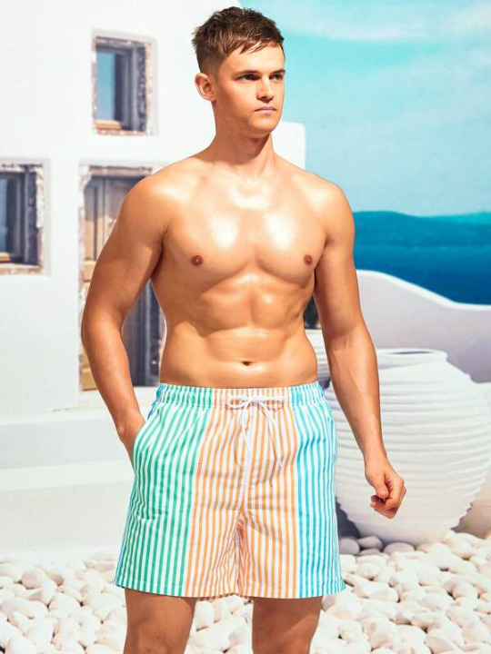 Striped Print Drawstring Beach Shorts-Waves And Trunks