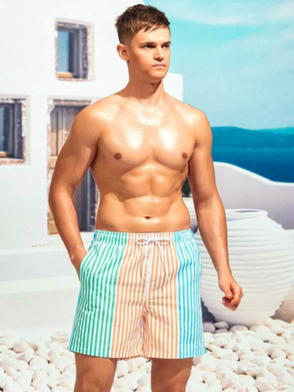 Striped Print Drawstring Beach Shorts-Waves And Trunks