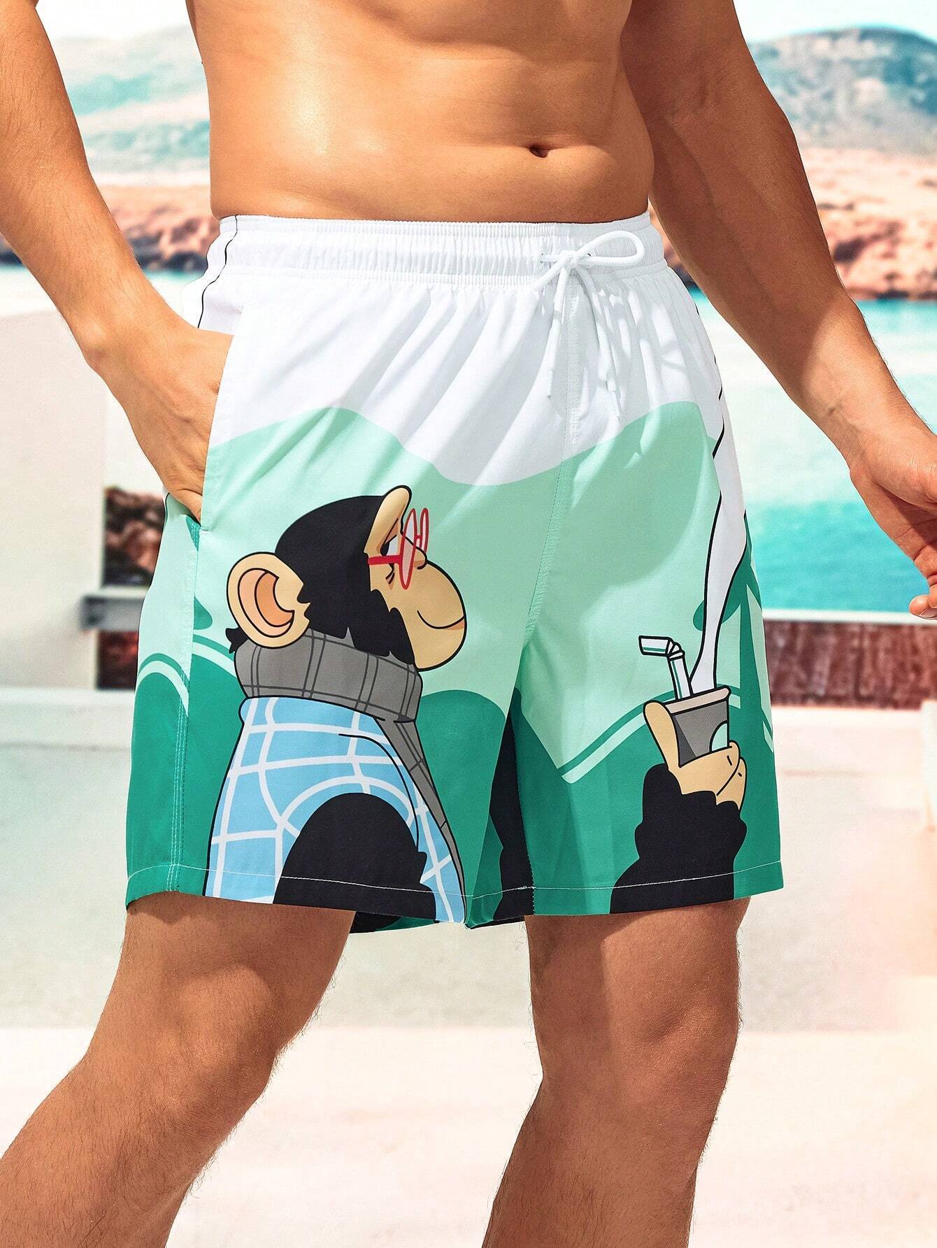 Cartoon Monkey Print Shorts-Waves And Trunks