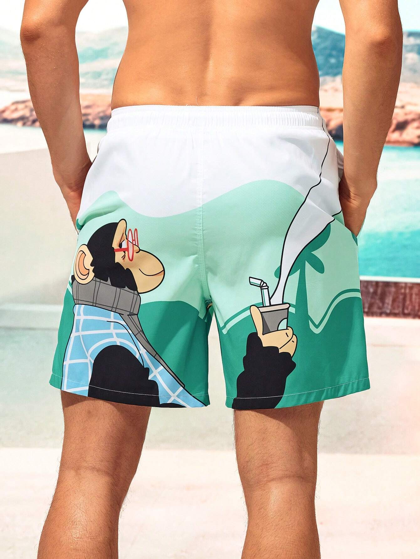 Cartoon Monkey Print Shorts-Waves And Trunks