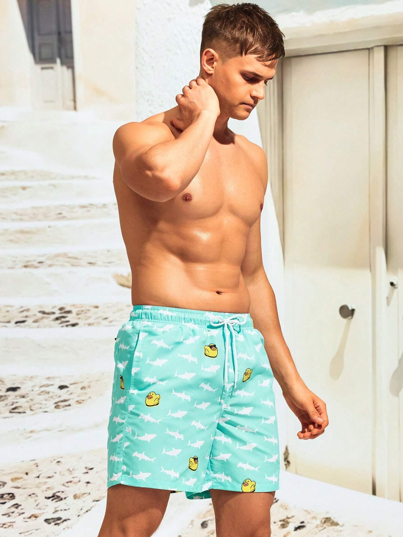 Cartoon Duck Print Swim Shorts-Waves And Trunks