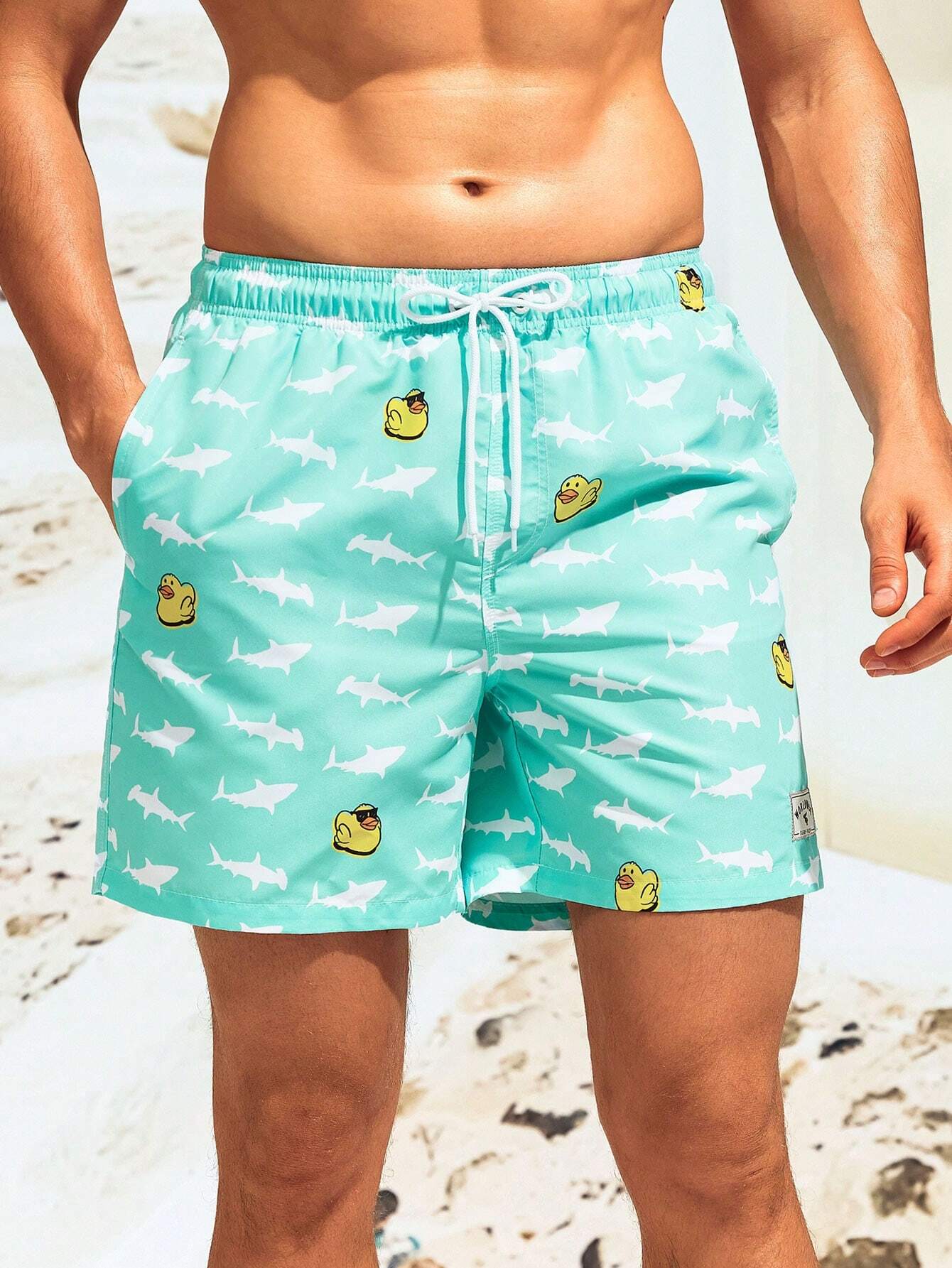 Cartoon Duck Print Swim Shorts-Waves And Trunks