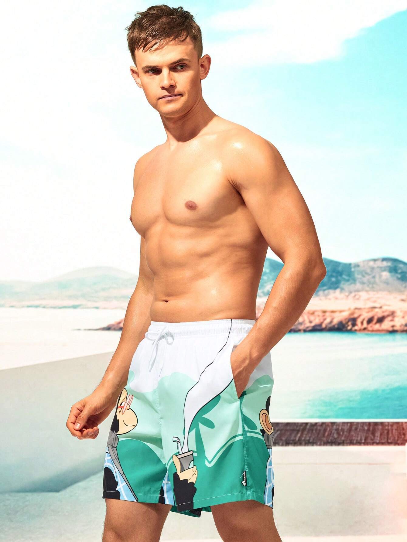 Cartoon Monkey Print Shorts-Waves And Trunks