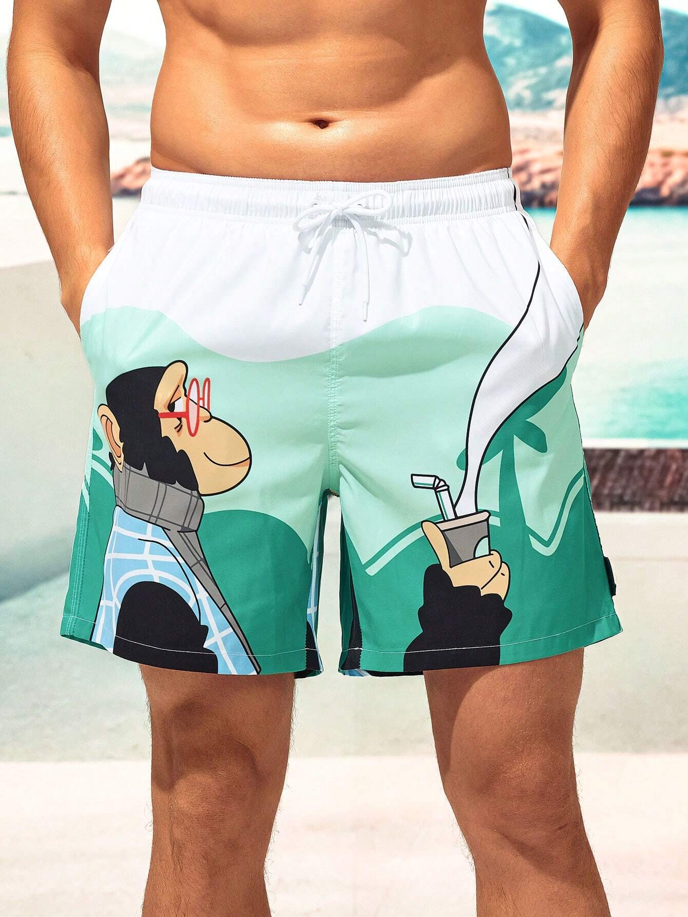 Cartoon Monkey Print Shorts-Waves And Trunks