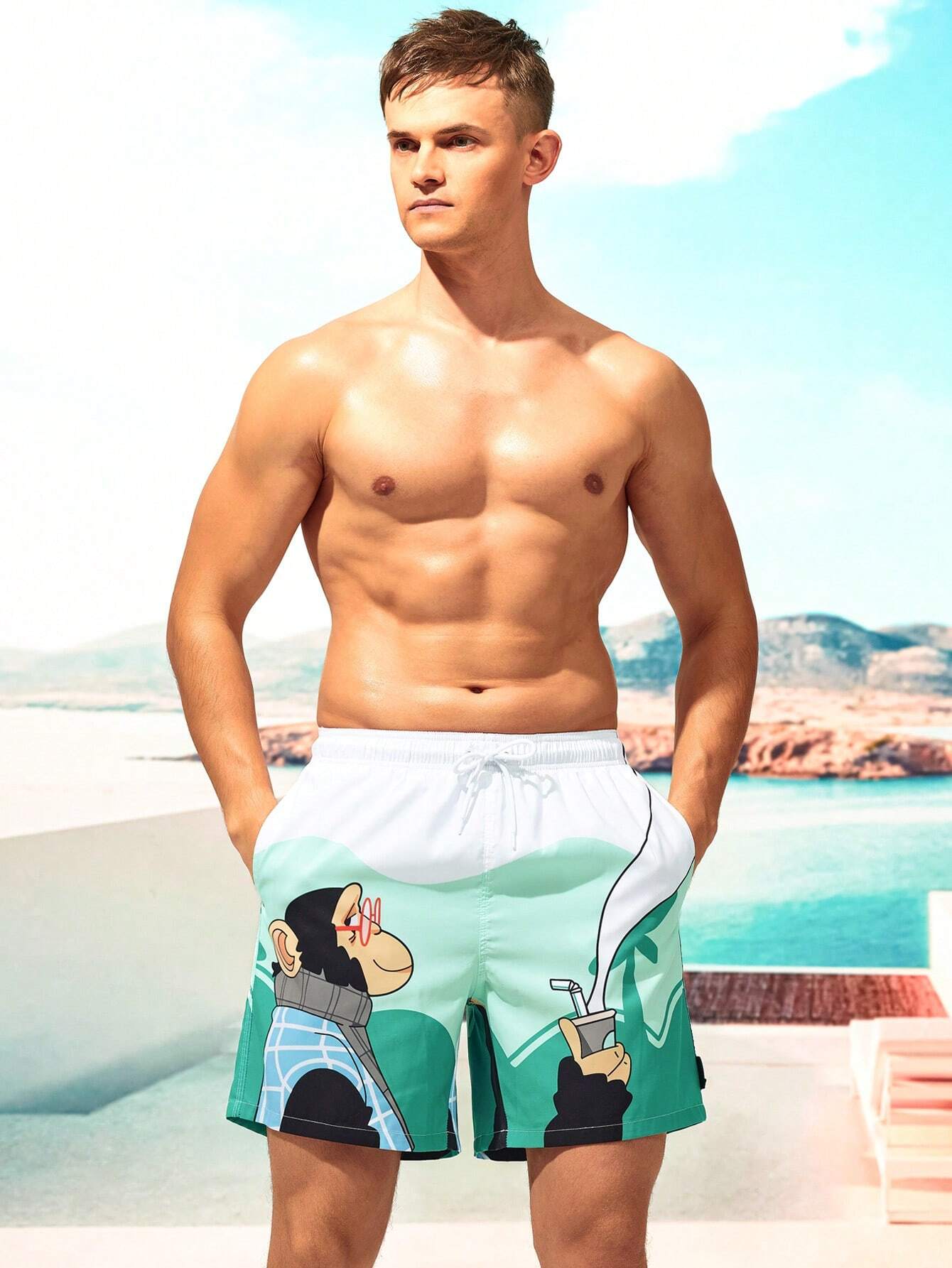 Cartoon Monkey Print Shorts-Waves And Trunks