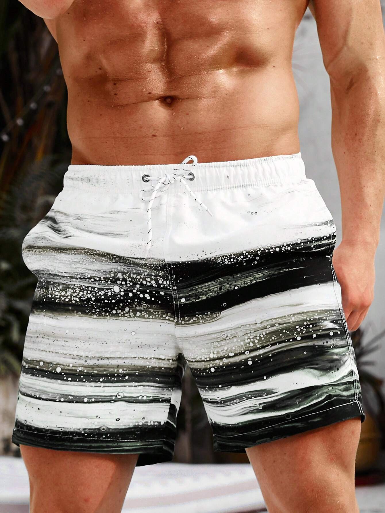 Brush Print Drawstring Waist Swim Shorts-Waves And Trunks