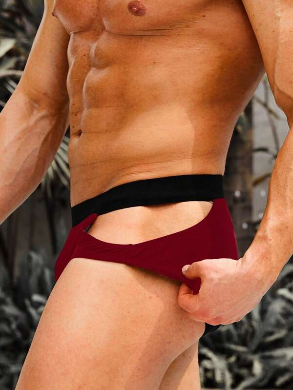 Cut Out Contrast Tape Swim Brief-Waves And Trunks