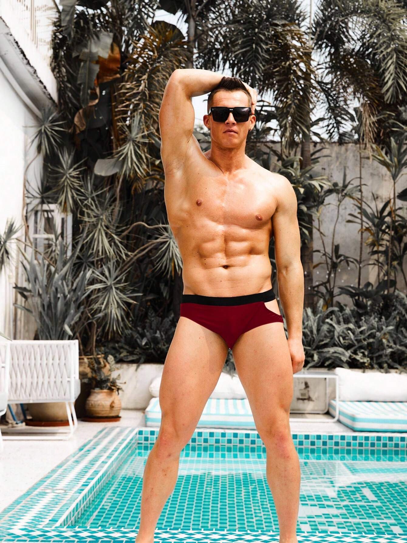 Cut Out Waist Solid Color Swim Brief-Waves And Trunks