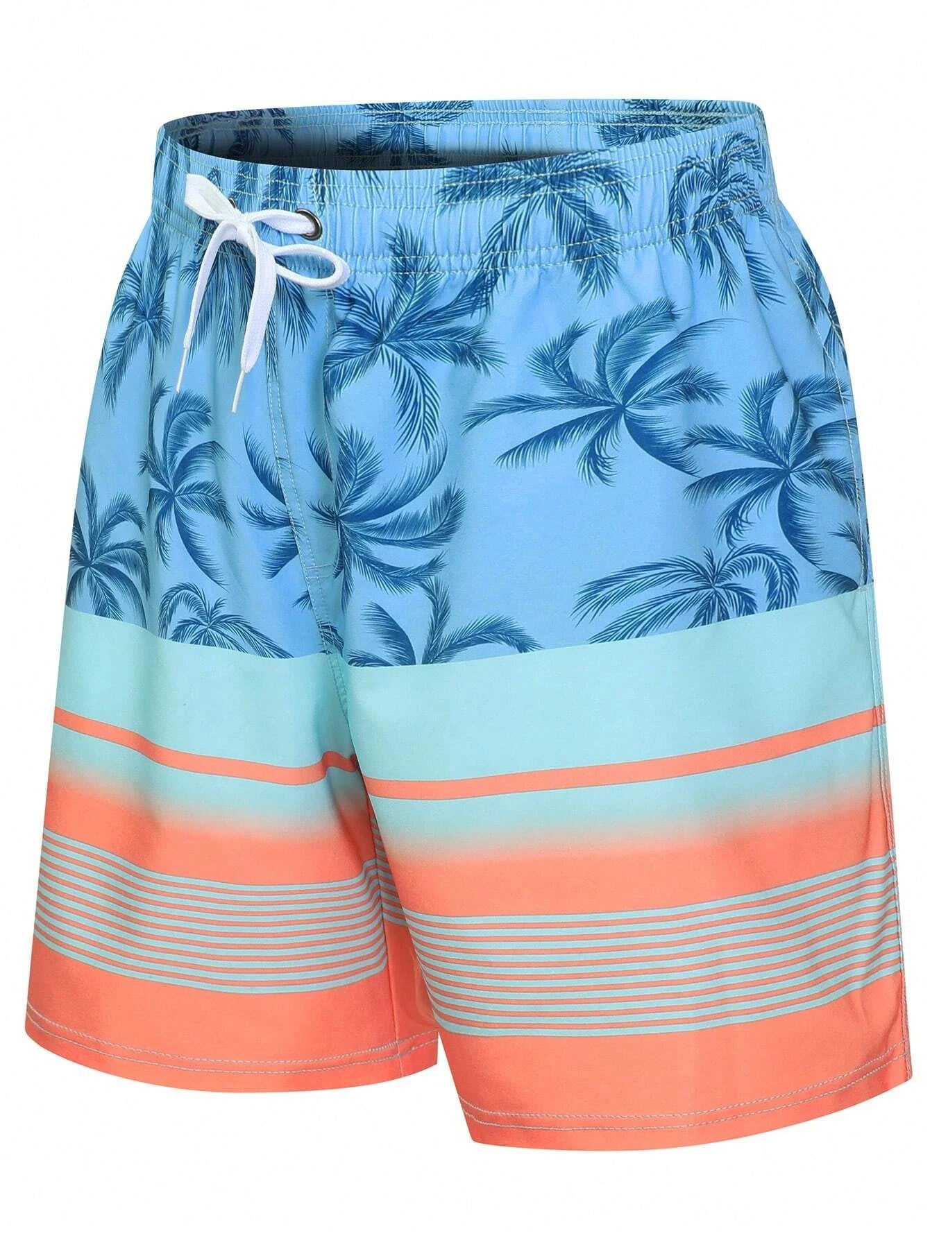 Striped And Palm Tree Print Swim Shorts-Waves And Trunks
