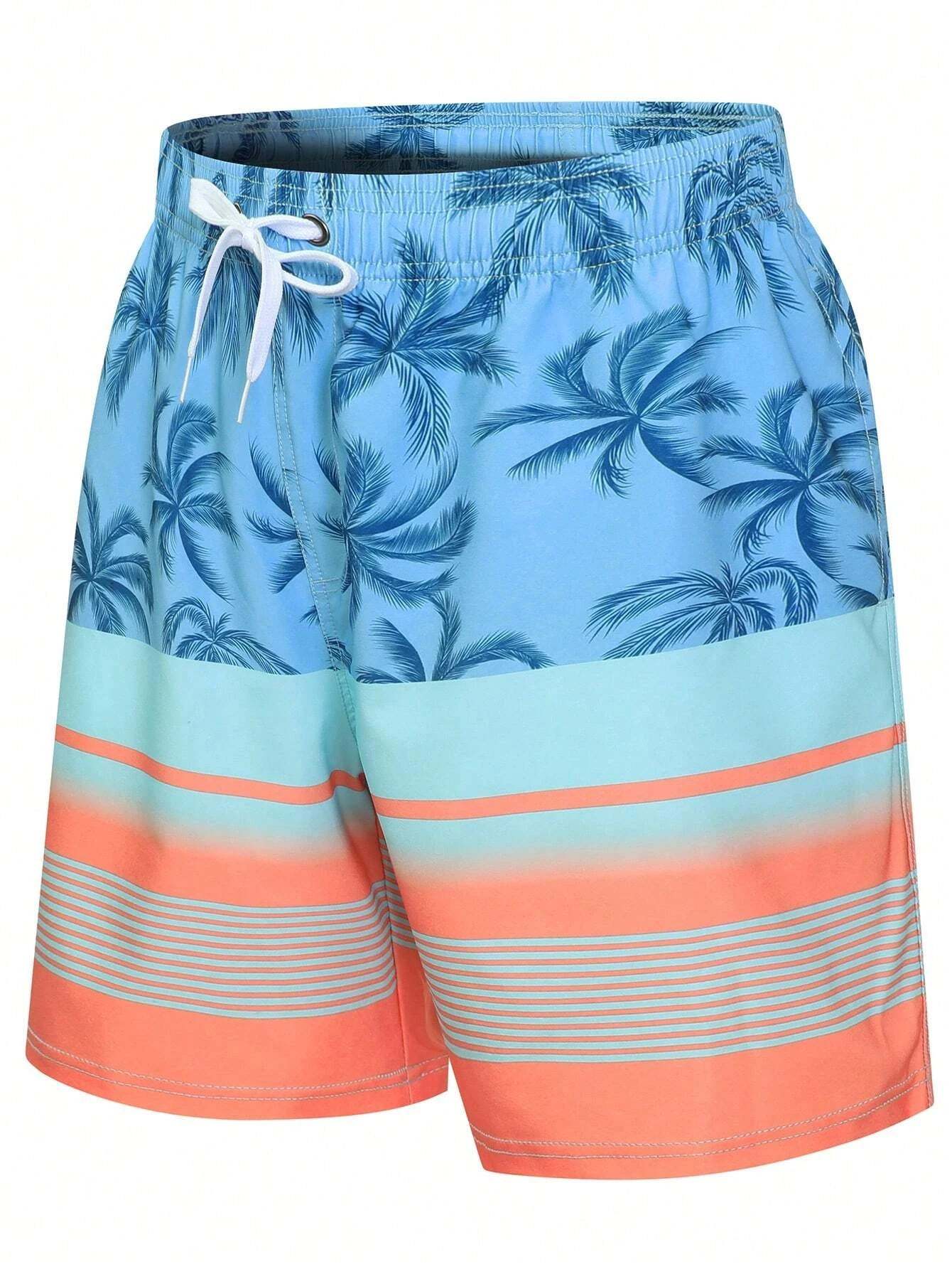 Striped And Palm Tree Print Swim Shorts-Waves And Trunks