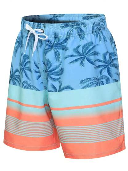 Striped And Palm Tree Print Swim Shorts-Waves And Trunks