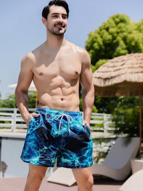 Lightning Print Drawstring Swim Trunks-Waves And Trunks