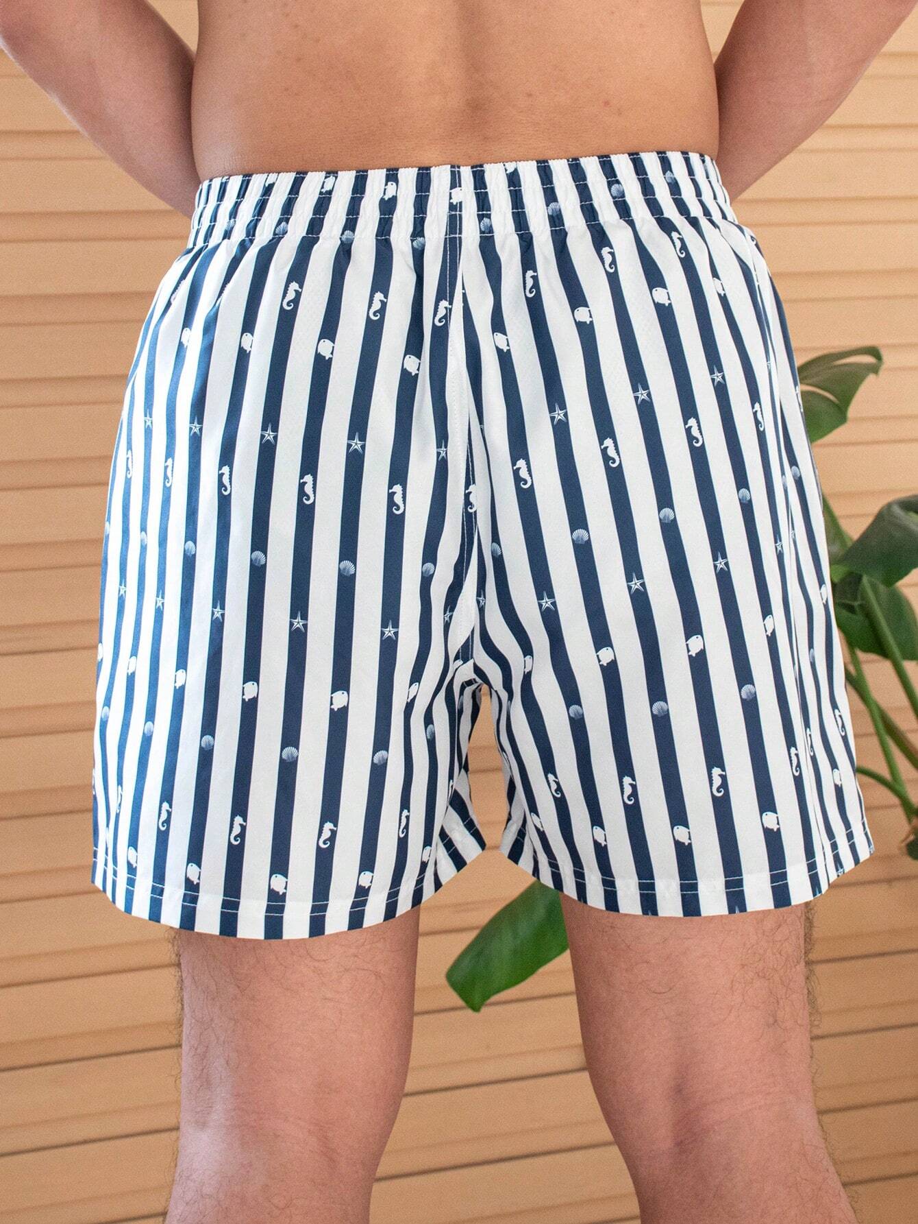 Striped Seahorse Print Swim Shorts-Waves And Trunks