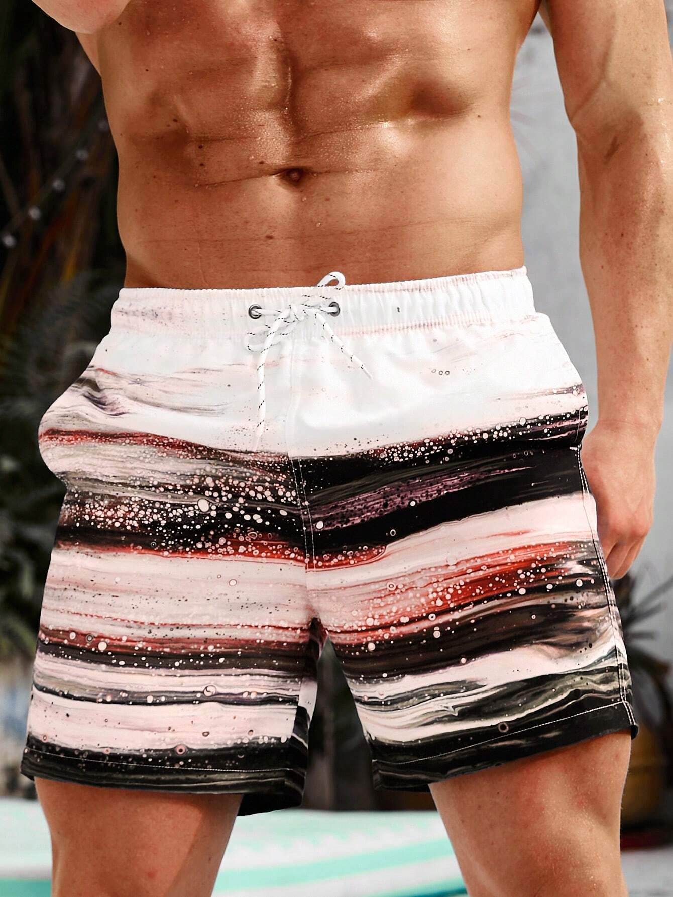 Brush Print Drawstring Waist Swim Shorts-Waves And Trunks