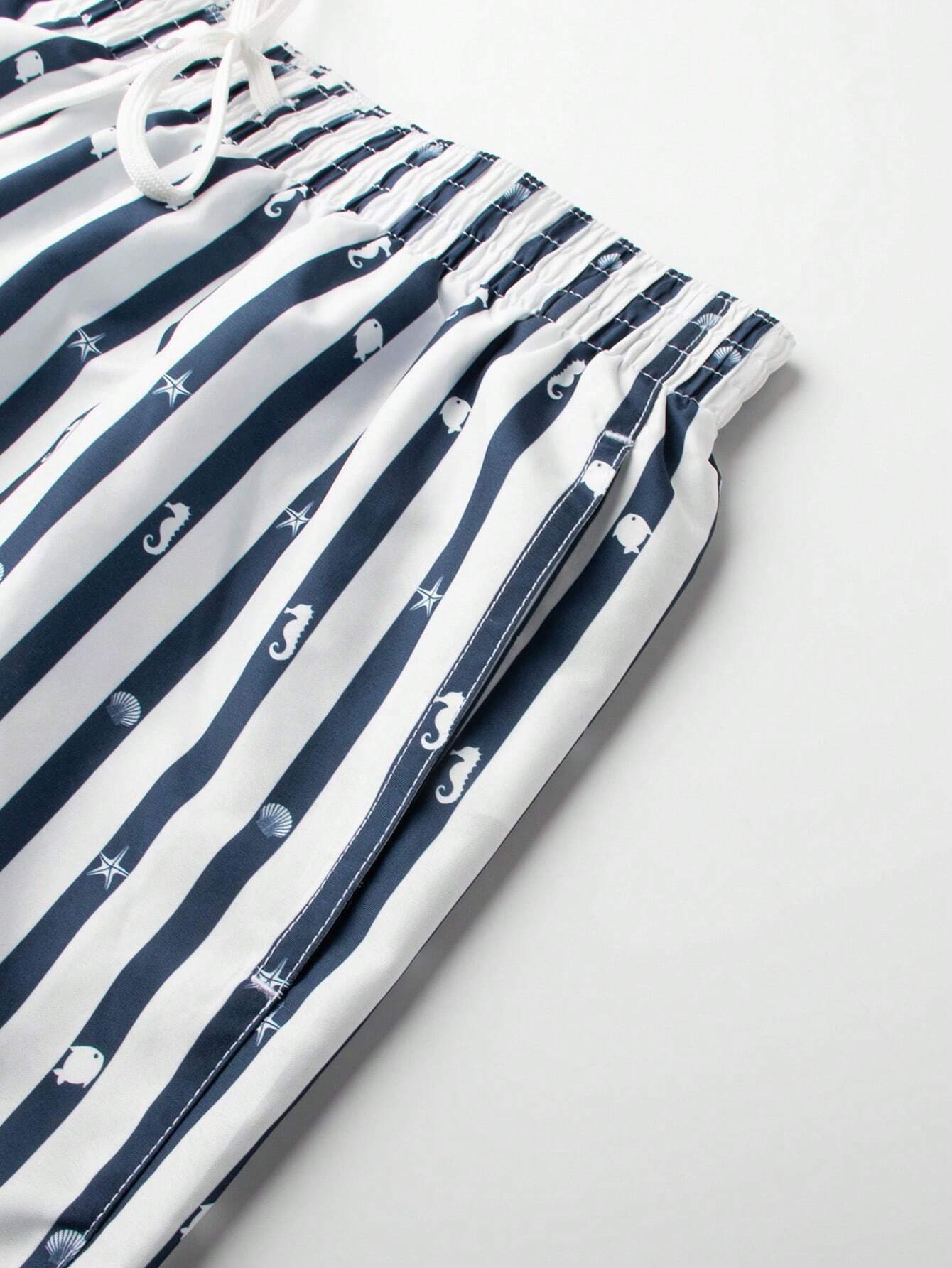 Striped Seahorse Print Swim Shorts-Waves And Trunks