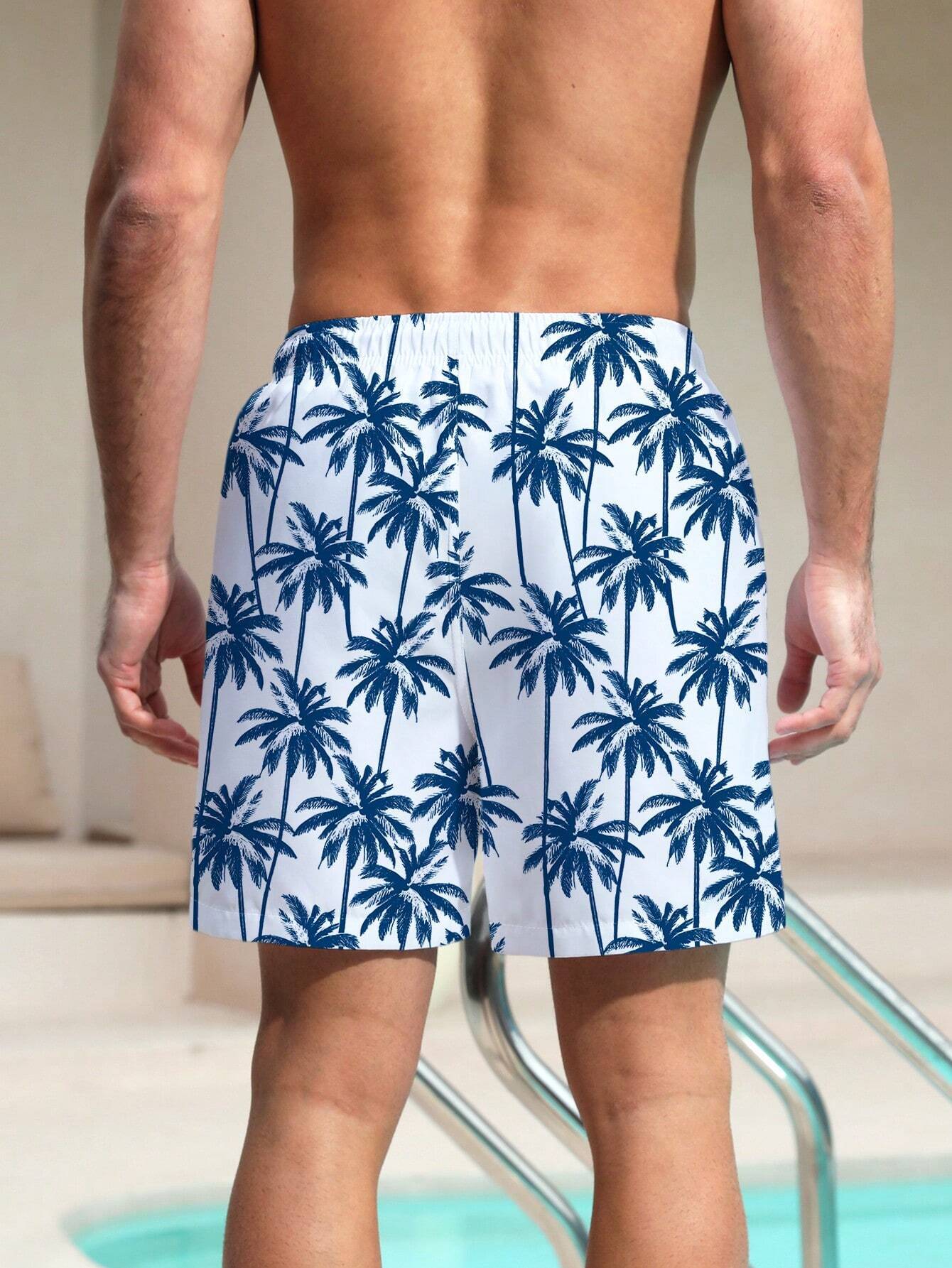Non Stretch Coconut Tree Print Swim Trunks With Pocket-Waves And Trunks