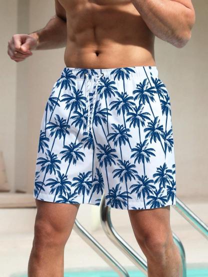 Non Stretch Coconut Tree Print Swim Trunks With Pocket-Waves And Trunks