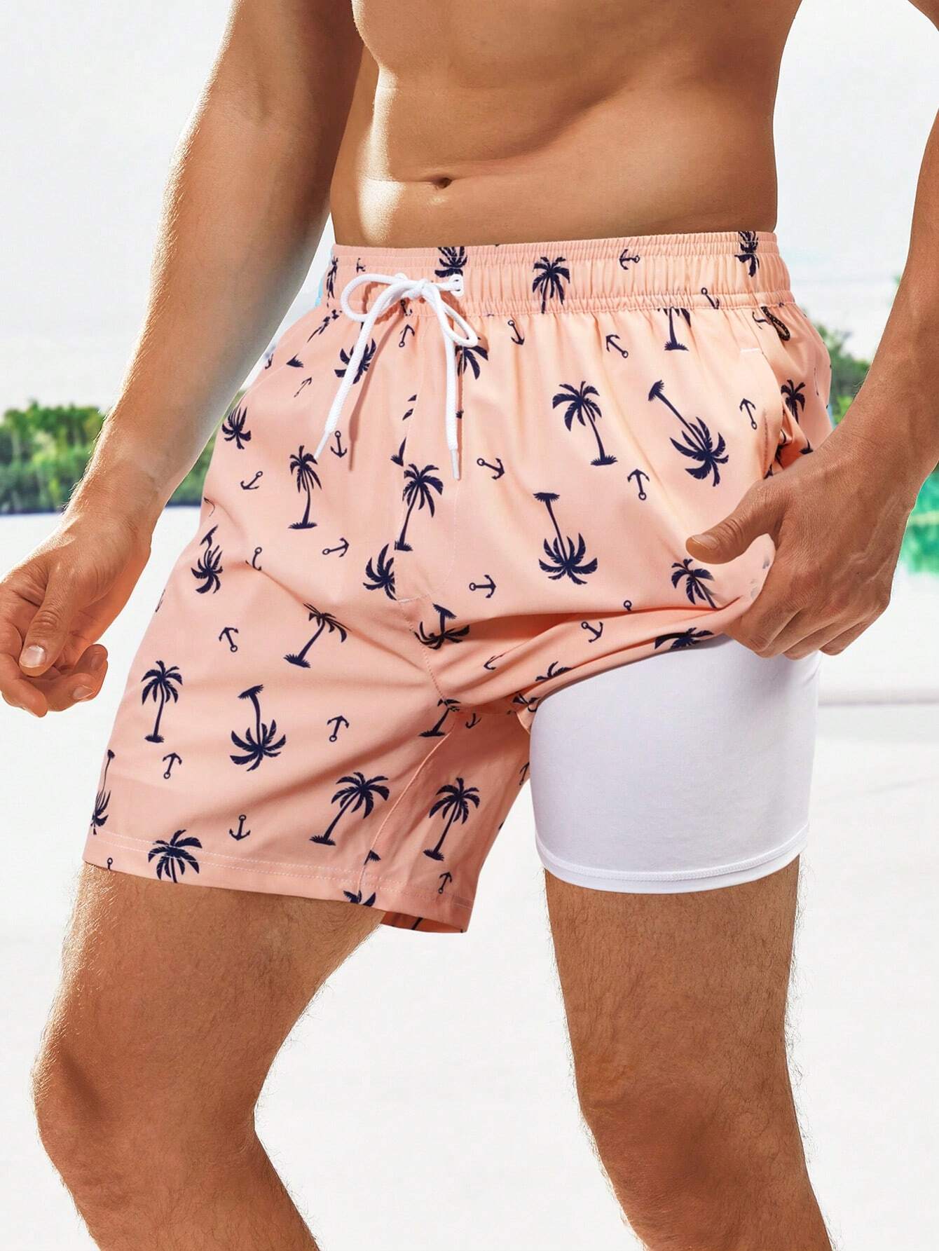 Coconut Tree Print Drawstring Waist 2 In 1 Shorts-Waves And Trunks