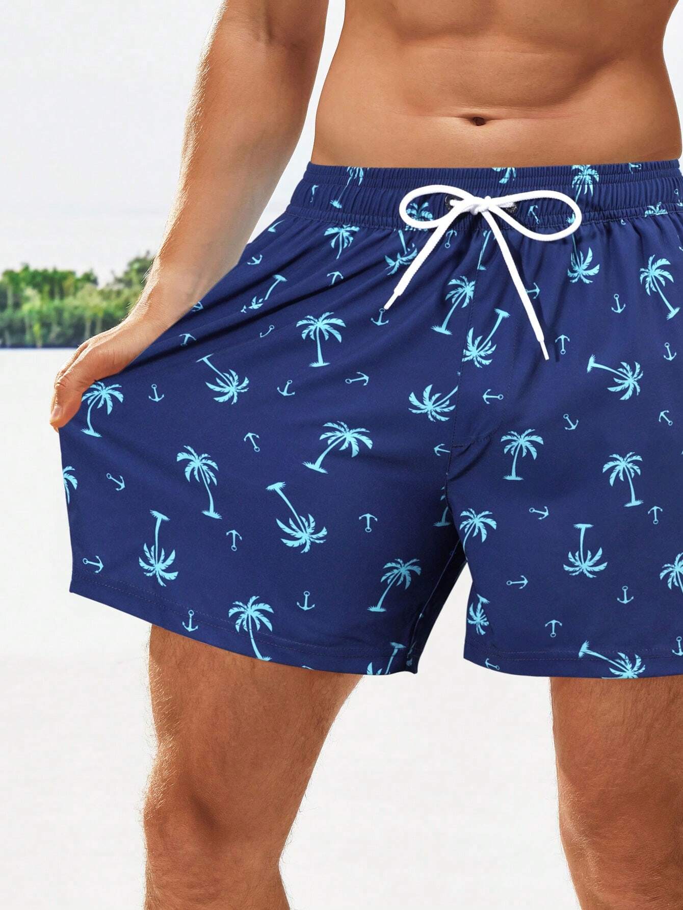 Coconut Tree Print Drawstring Waist 2 In 1 Shorts-Waves And Trunks