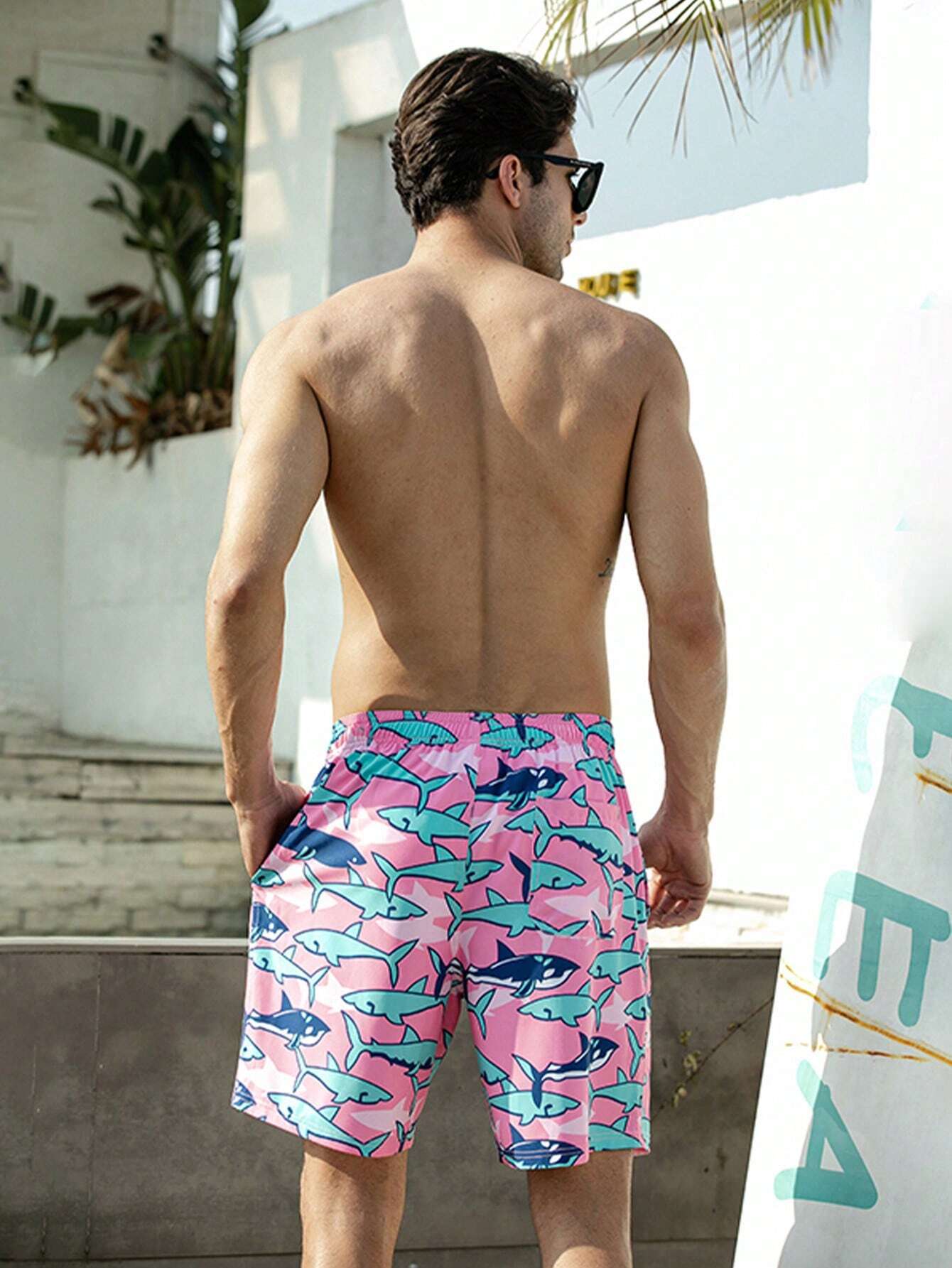 Shark Print Drawstring Swim Trunks-Waves And Trunks