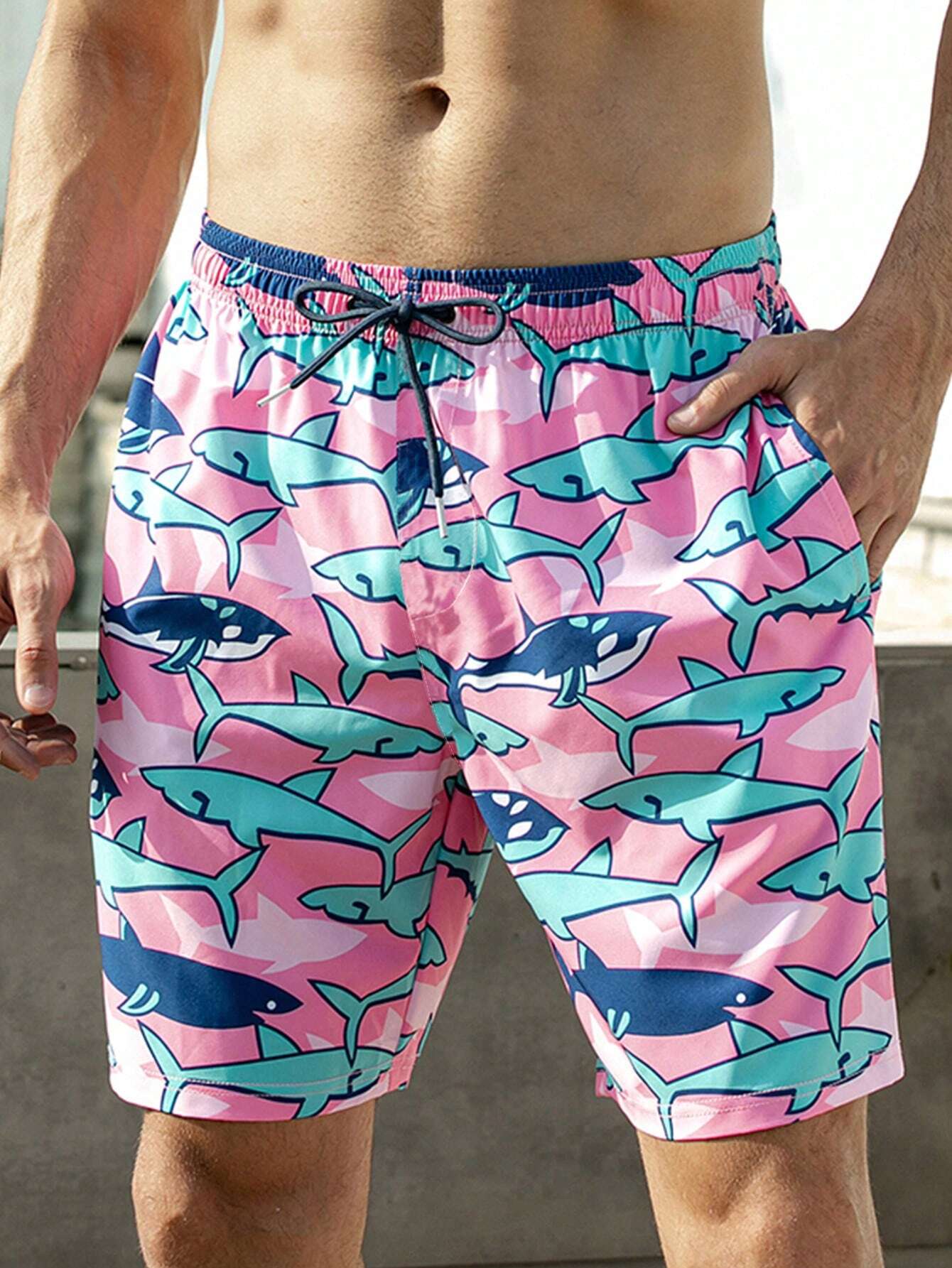 Shark Print Drawstring Swim Trunks-Waves And Trunks