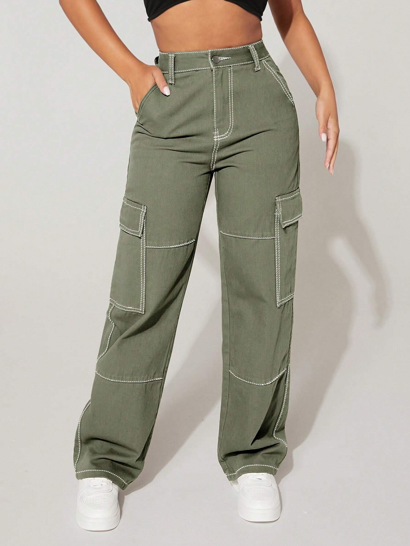High Rise Flap Pocket Cargo Jeans-Waves And Trunks