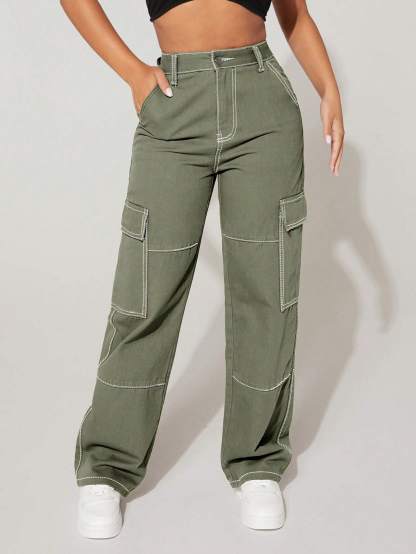 High Rise Flap Pocket Cargo Jeans-Waves And Trunks