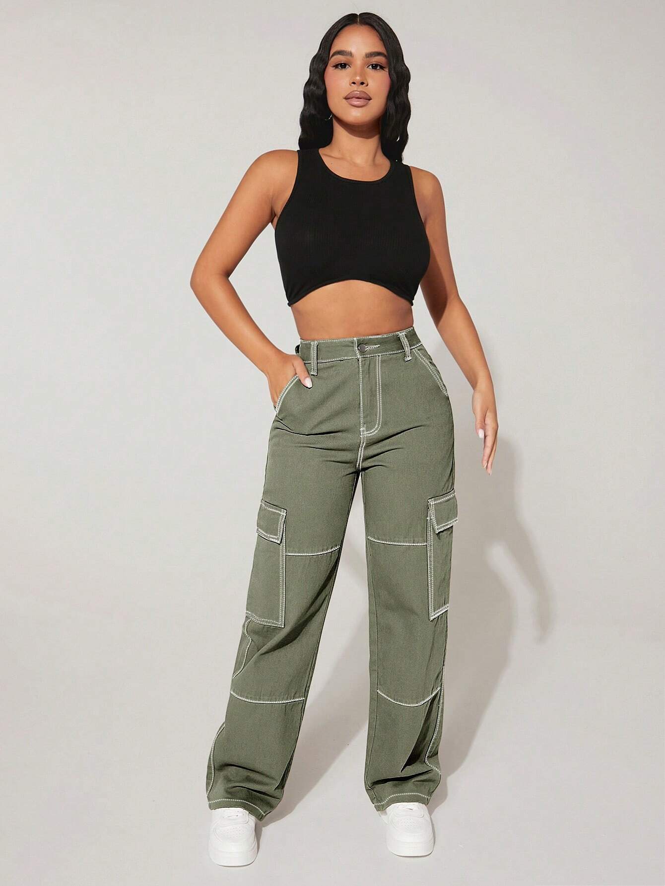 High Rise Flap Pocket Cargo Jeans-Waves And Trunks