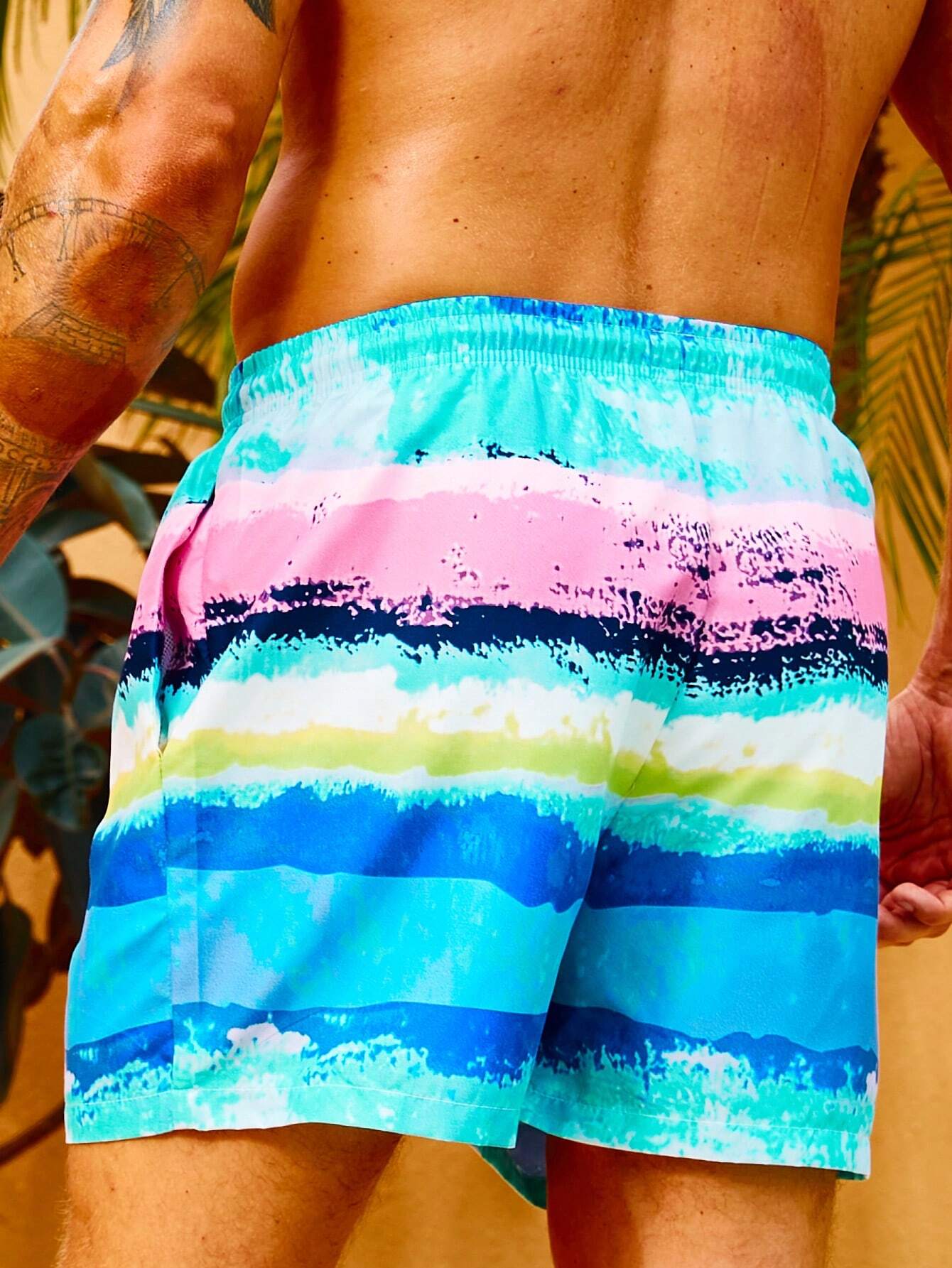 Striped Print Beach Shorts With Drawstring-Waves And Trunks