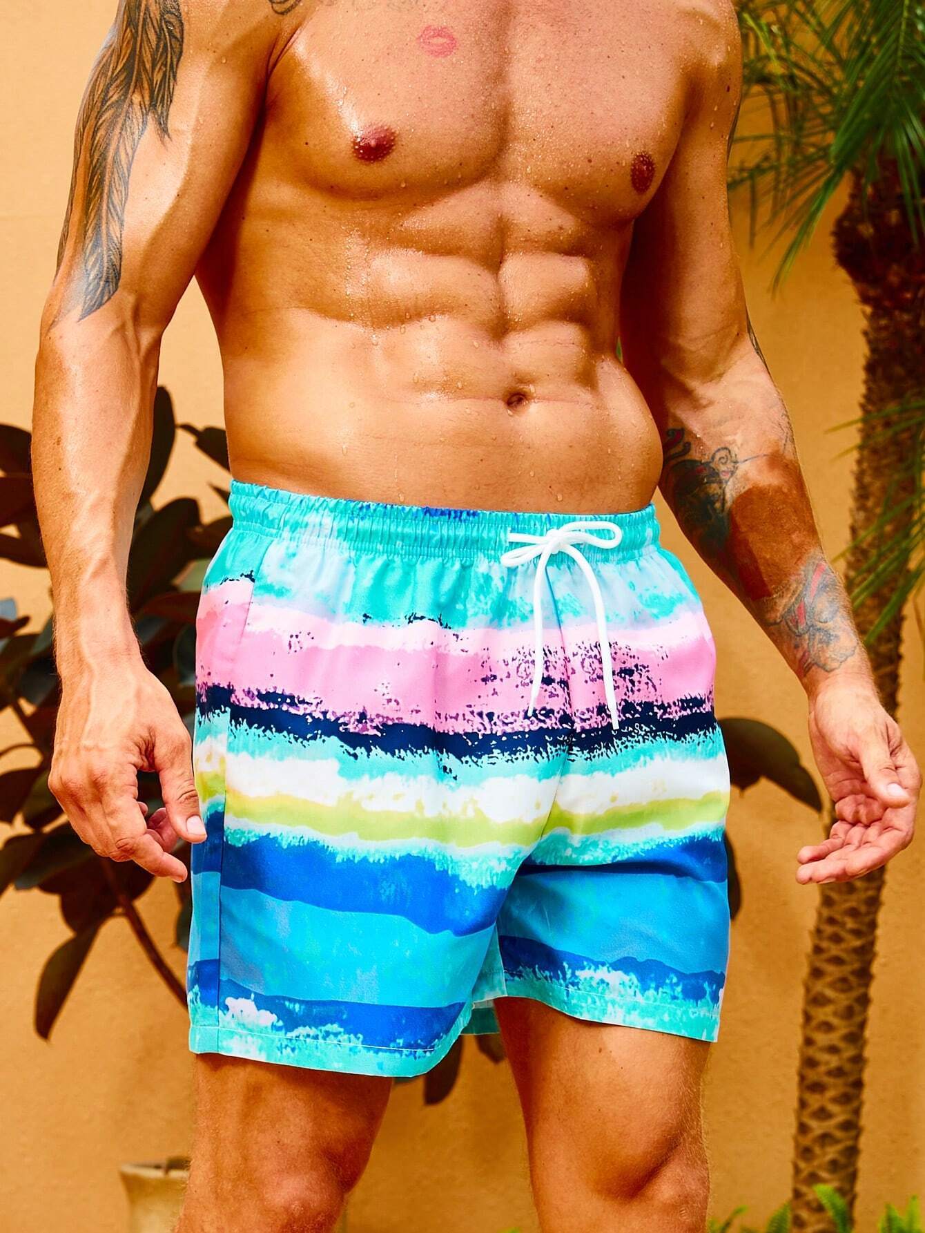 Striped Print Beach Shorts With Drawstring-Waves And Trunks