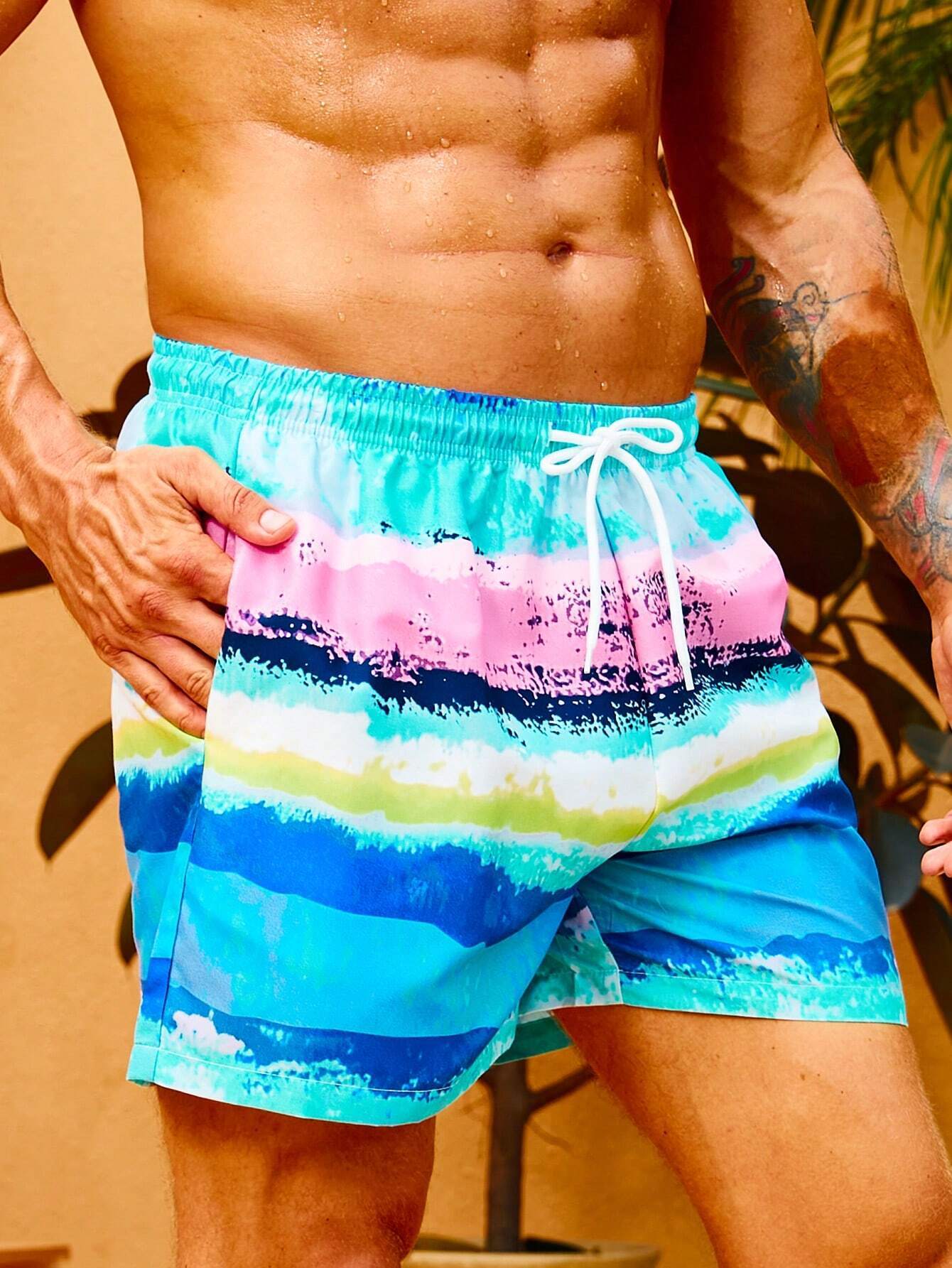 Striped Print Beach Shorts With Drawstring-Waves And Trunks