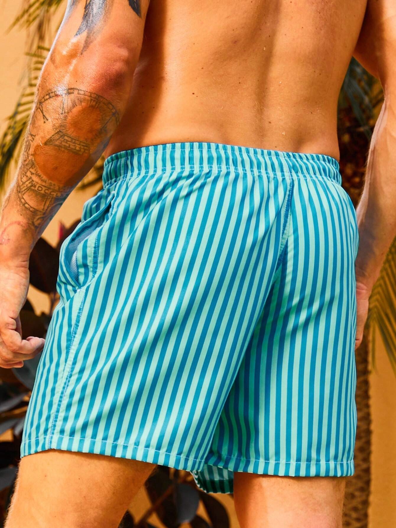 Striped Drawstring Waist Swim Shorts With Pocket-Waves And Trunks