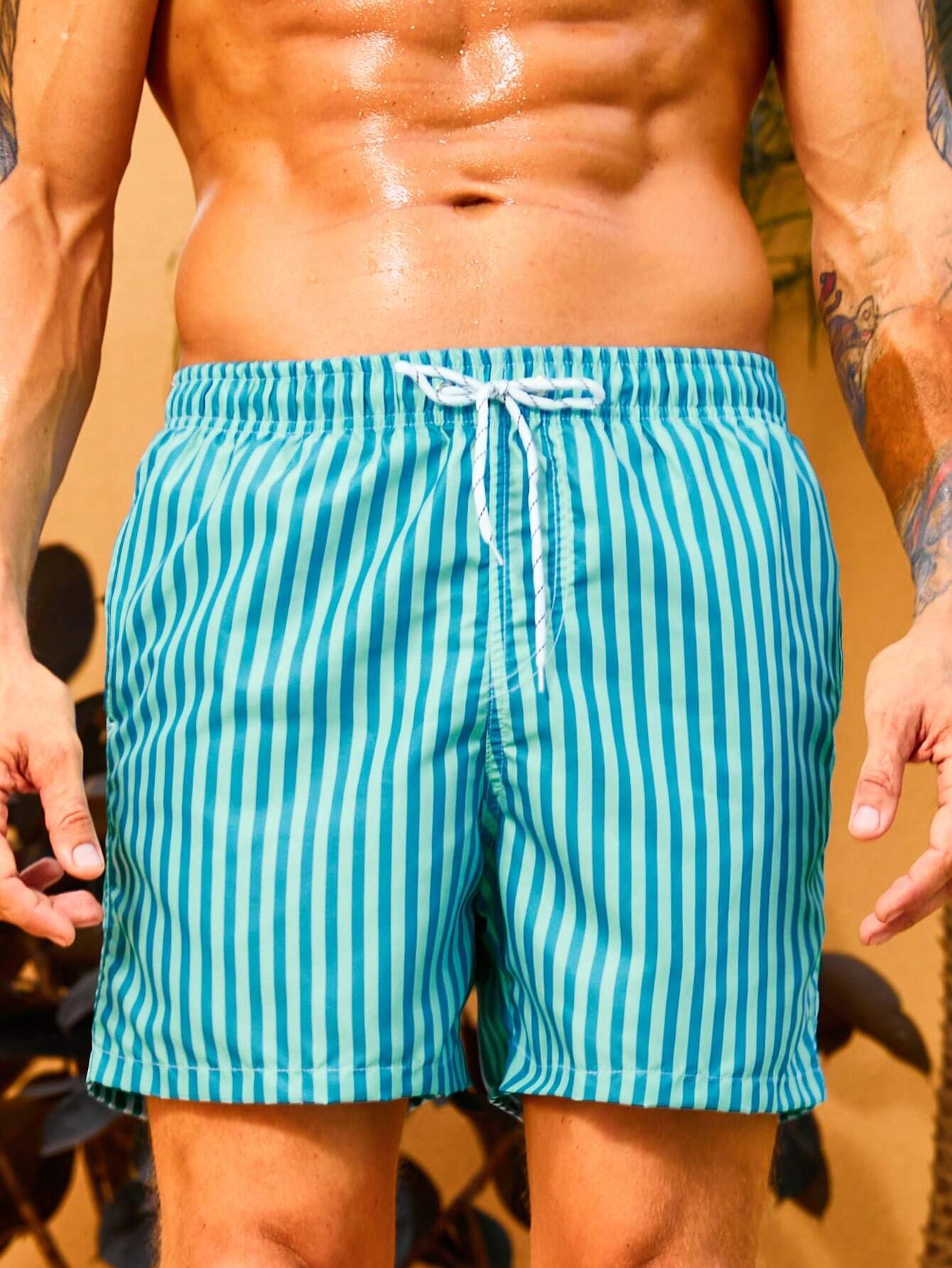 Striped Print Swim Shorts With Flap Pocket-Waves And Trunks