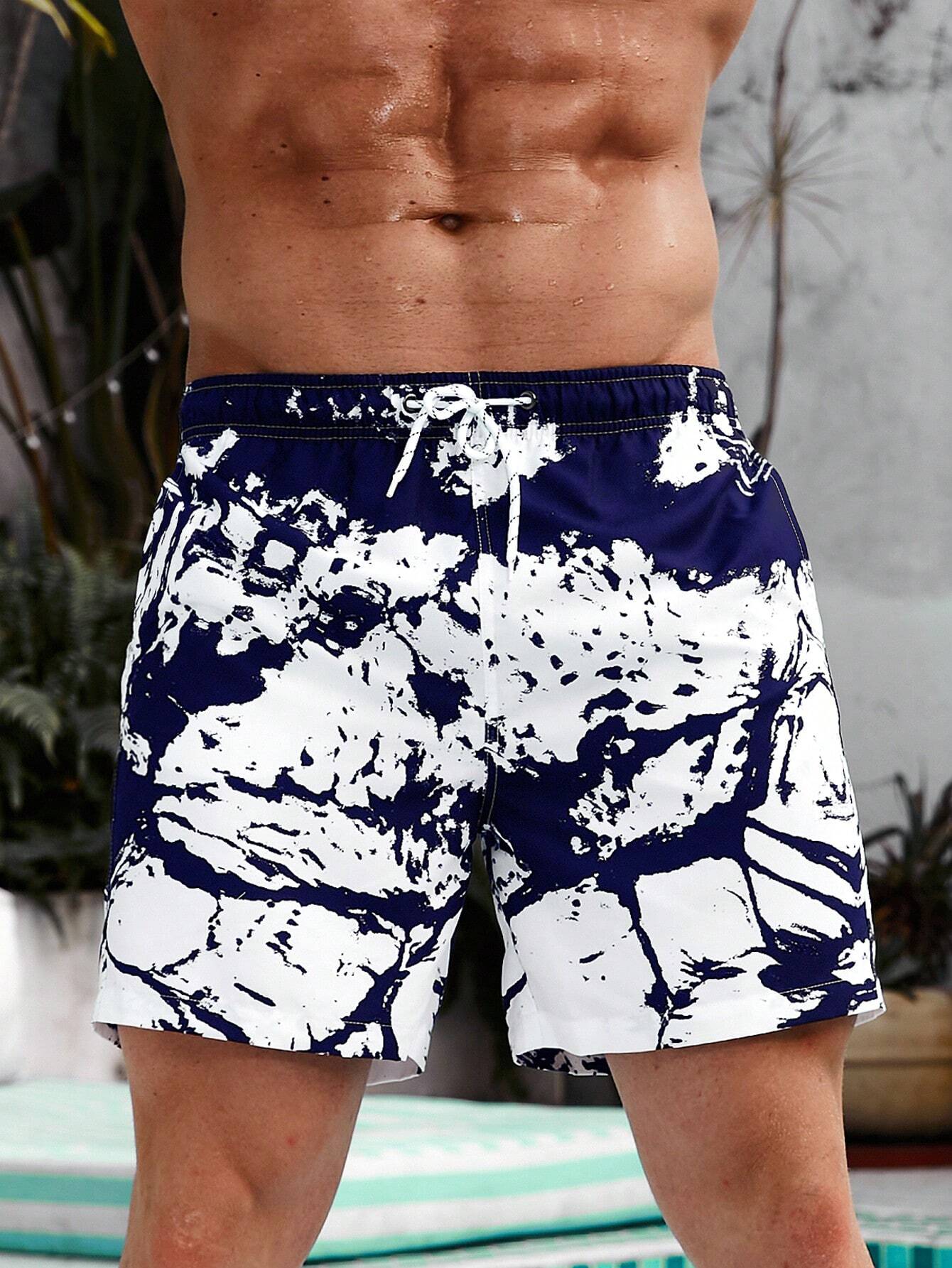 Graphic Print Drawstring Waist Swim Trunks-Waves And Trunks