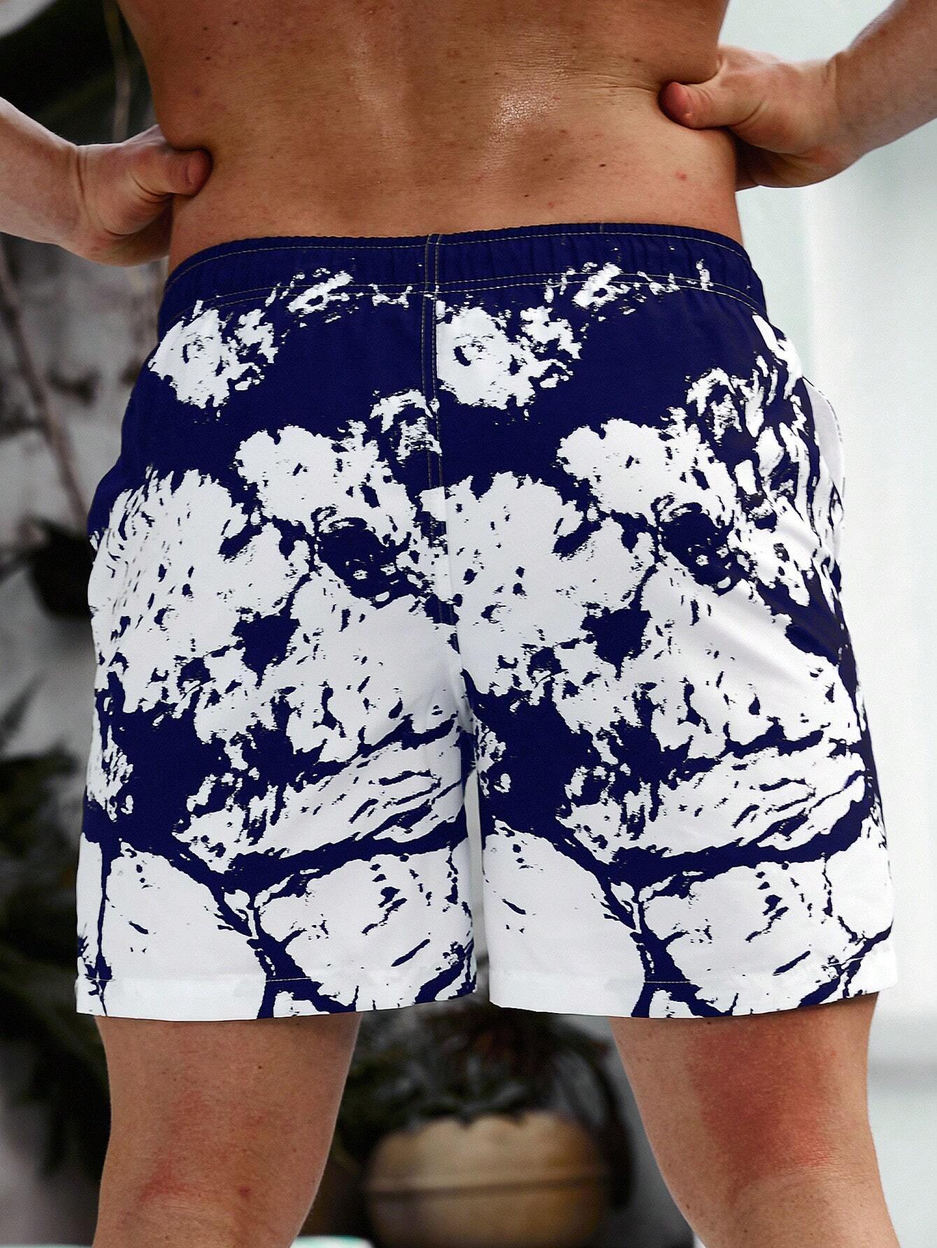 Graphic Print Drawstring Waist Swim Trunks-Waves And Trunks