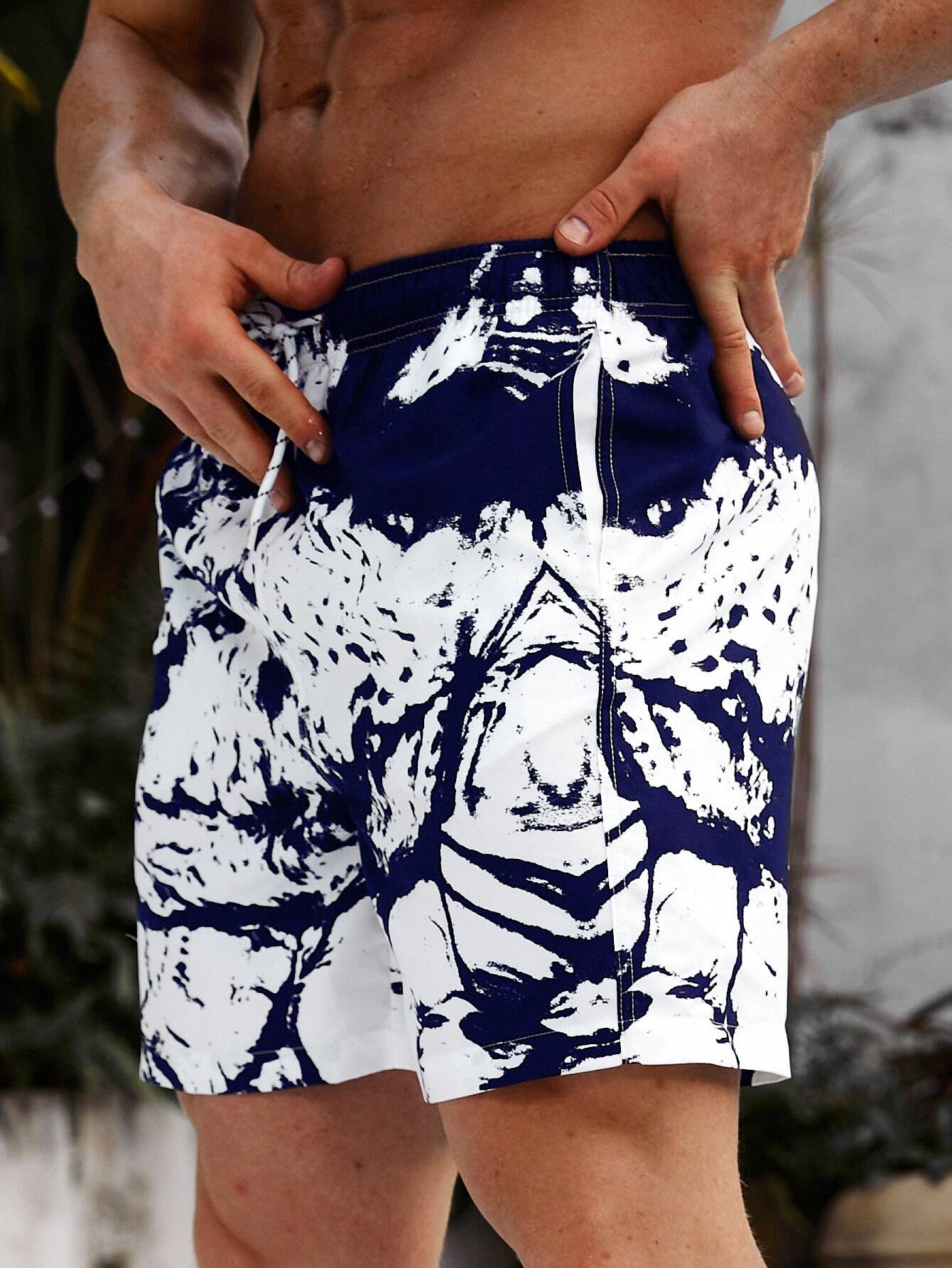 Graphic Print Drawstring Waist Swim Trunks-Waves And Trunks