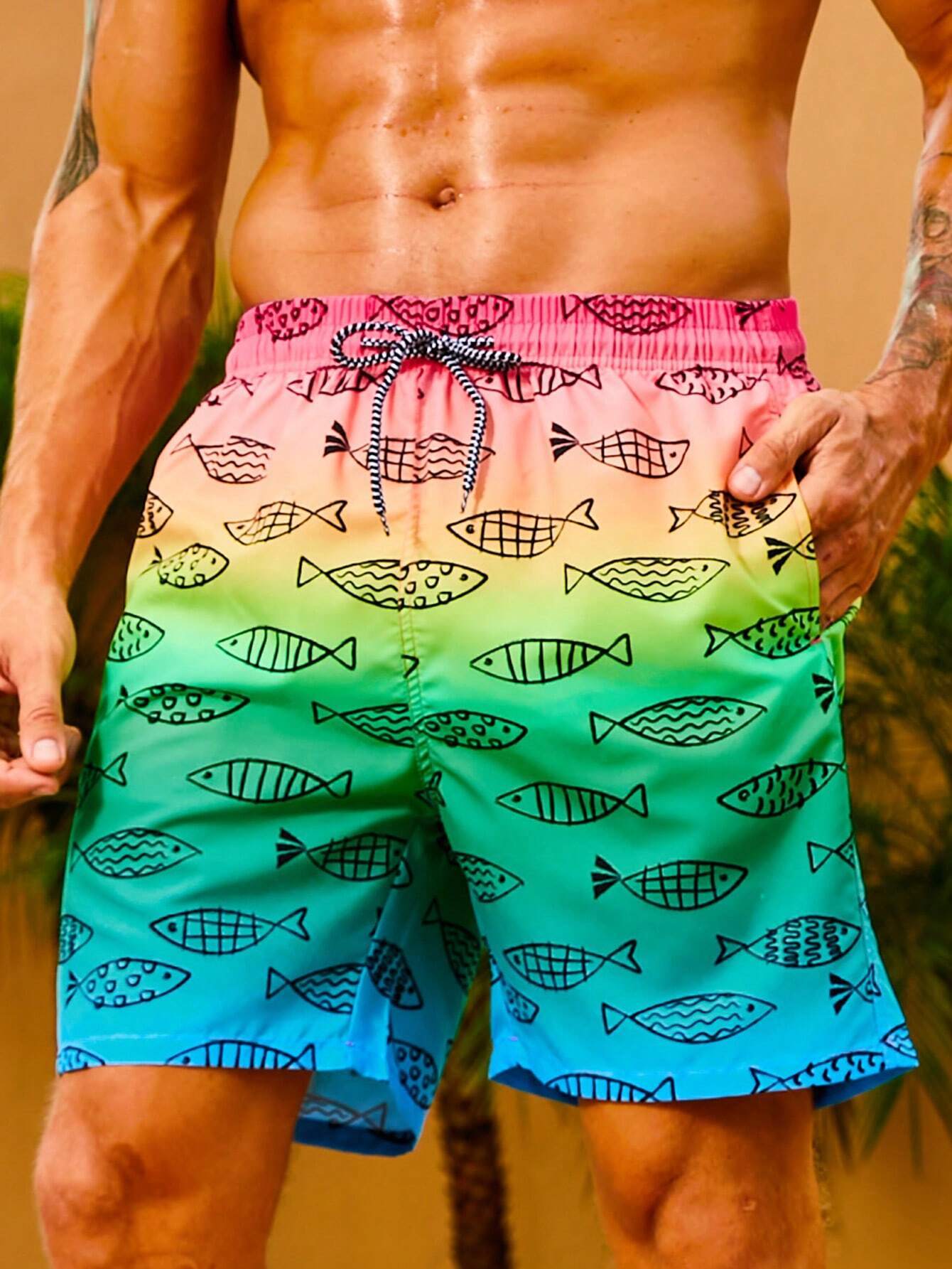 Fish Print Non Stretch Drawstring Waist Swim Trunks-Waves And Trunks