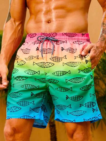 Fish Print Non Stretch Drawstring Waist Swim Trunks-Waves And Trunks