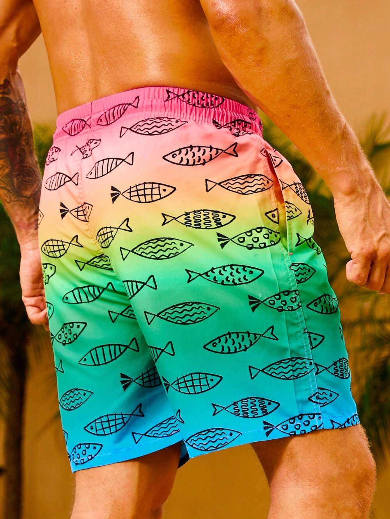 Fish Print Non Stretch Drawstring Waist Swim Trunks-Waves And Trunks