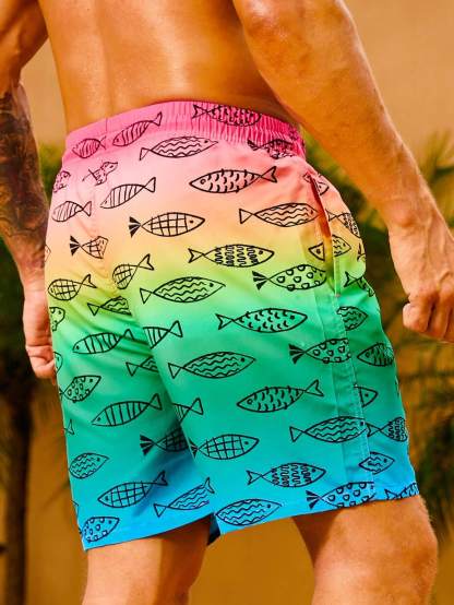 Fish Print Non Stretch Drawstring Waist Swim Trunks-Waves And Trunks