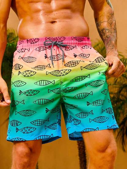 Fish Print Non Stretch Drawstring Waist Swim Trunks-Waves And Trunks