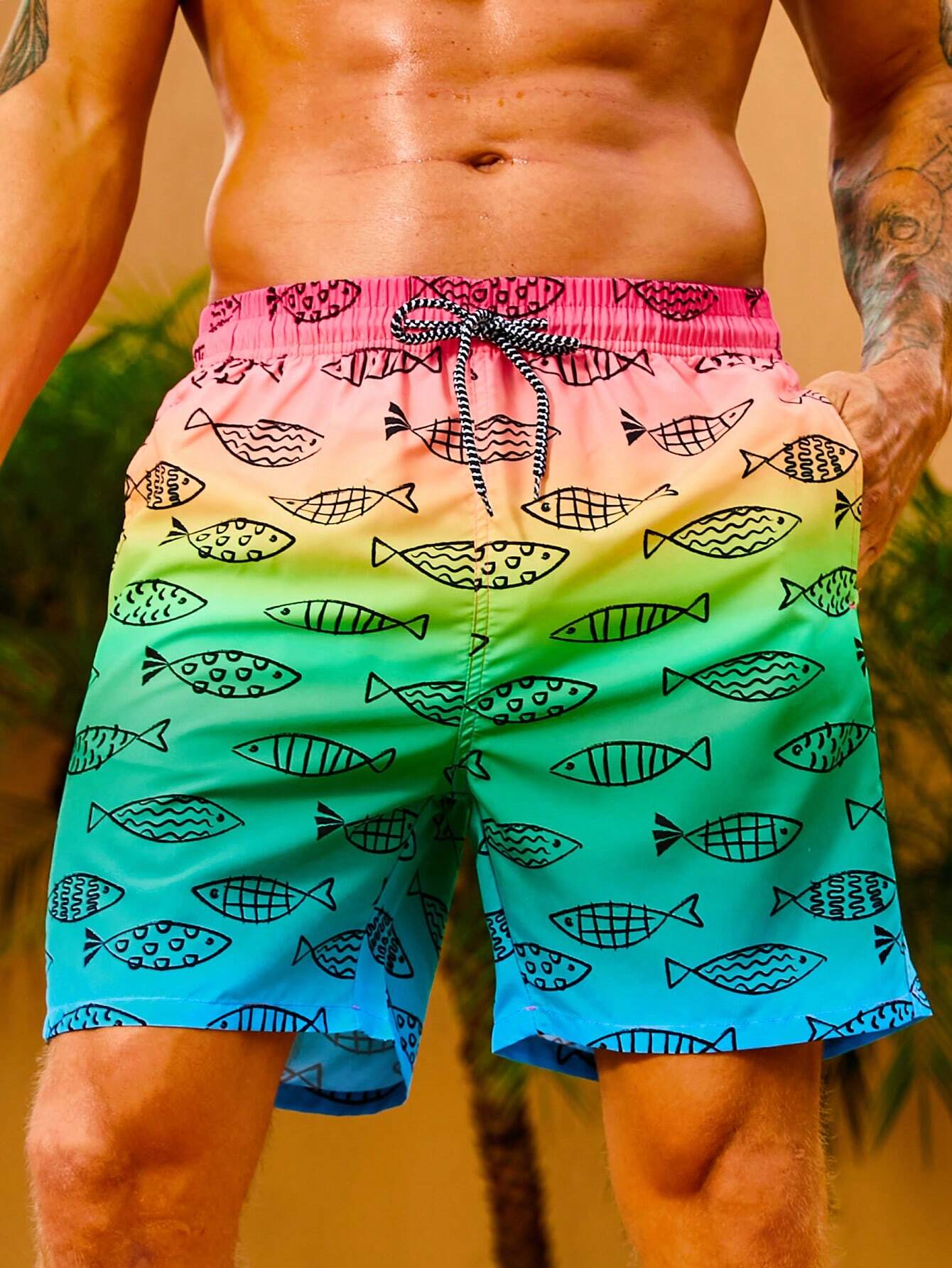 Fish Print Drawstring Waist Swim Shorts-Waves And Trunks