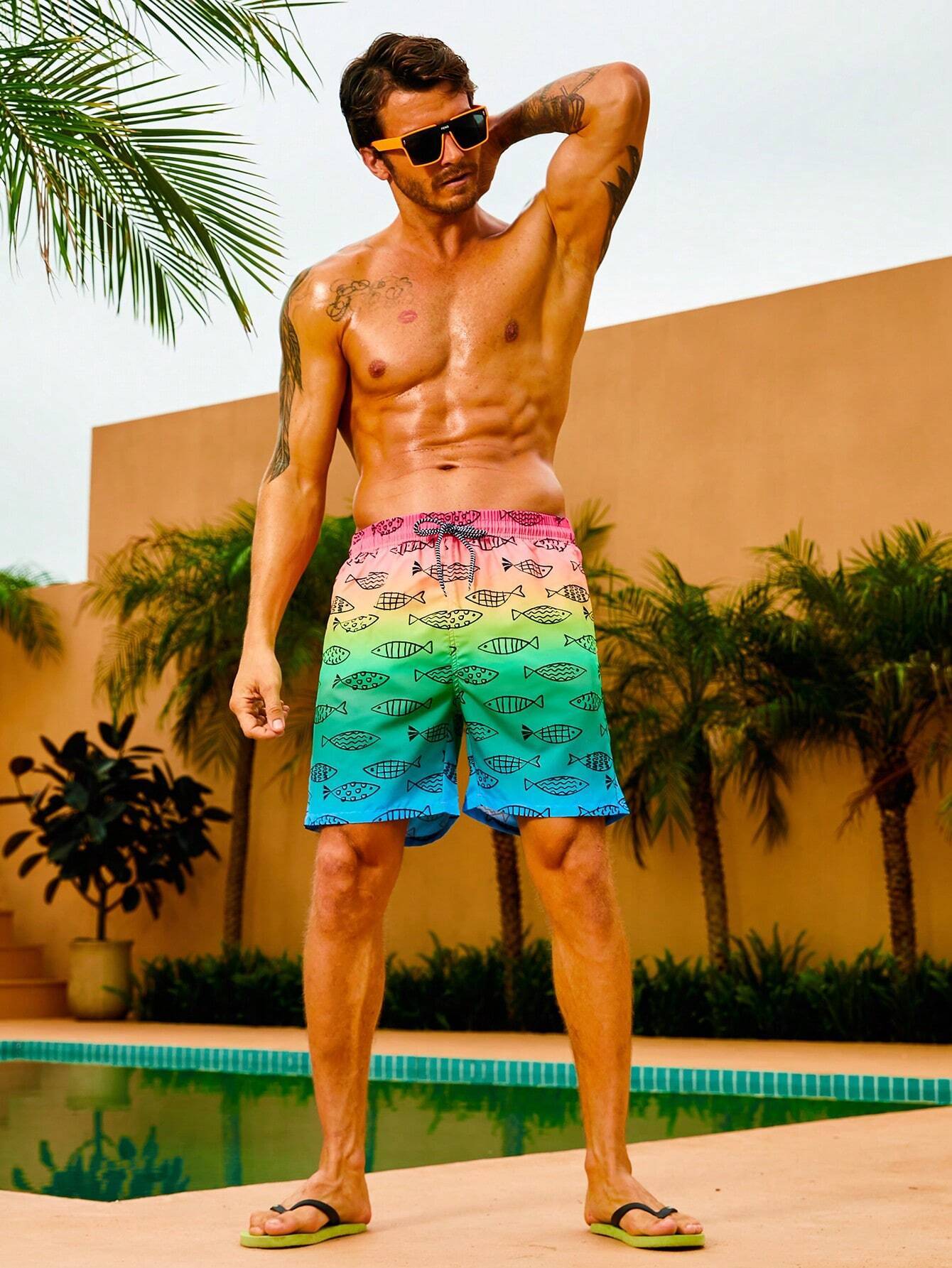 Fish Print Non Stretch Drawstring Waist Swim Trunks-Waves And Trunks