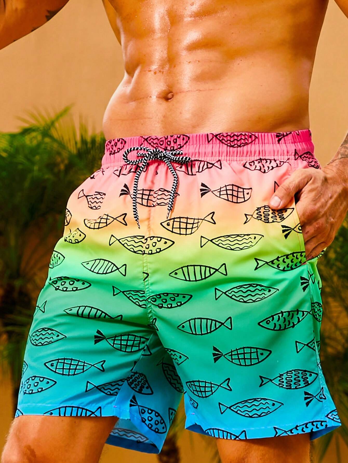 Fish Print Non Stretch Drawstring Waist Swim Trunks-Waves And Trunks
